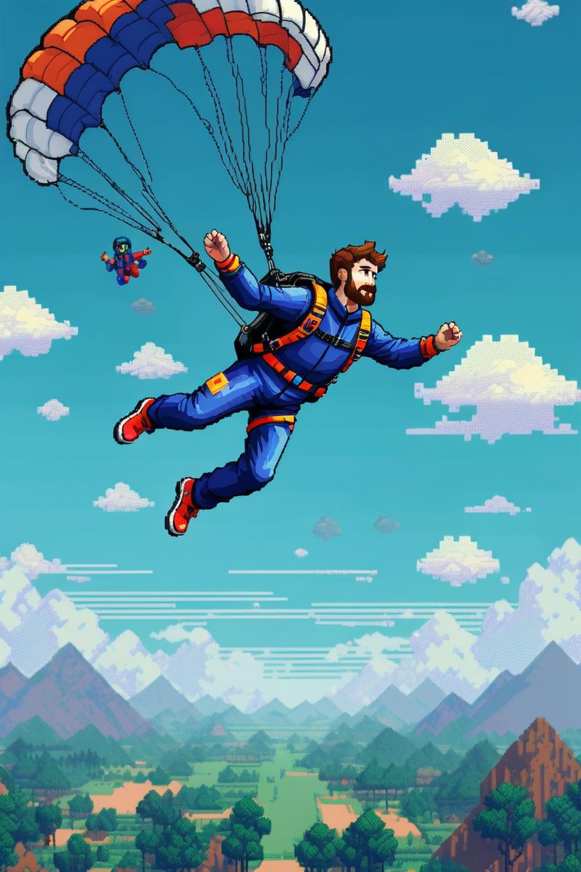 Artificial Intelligence (AI) generated image art, ..., (8 bit pixel art), skydiving