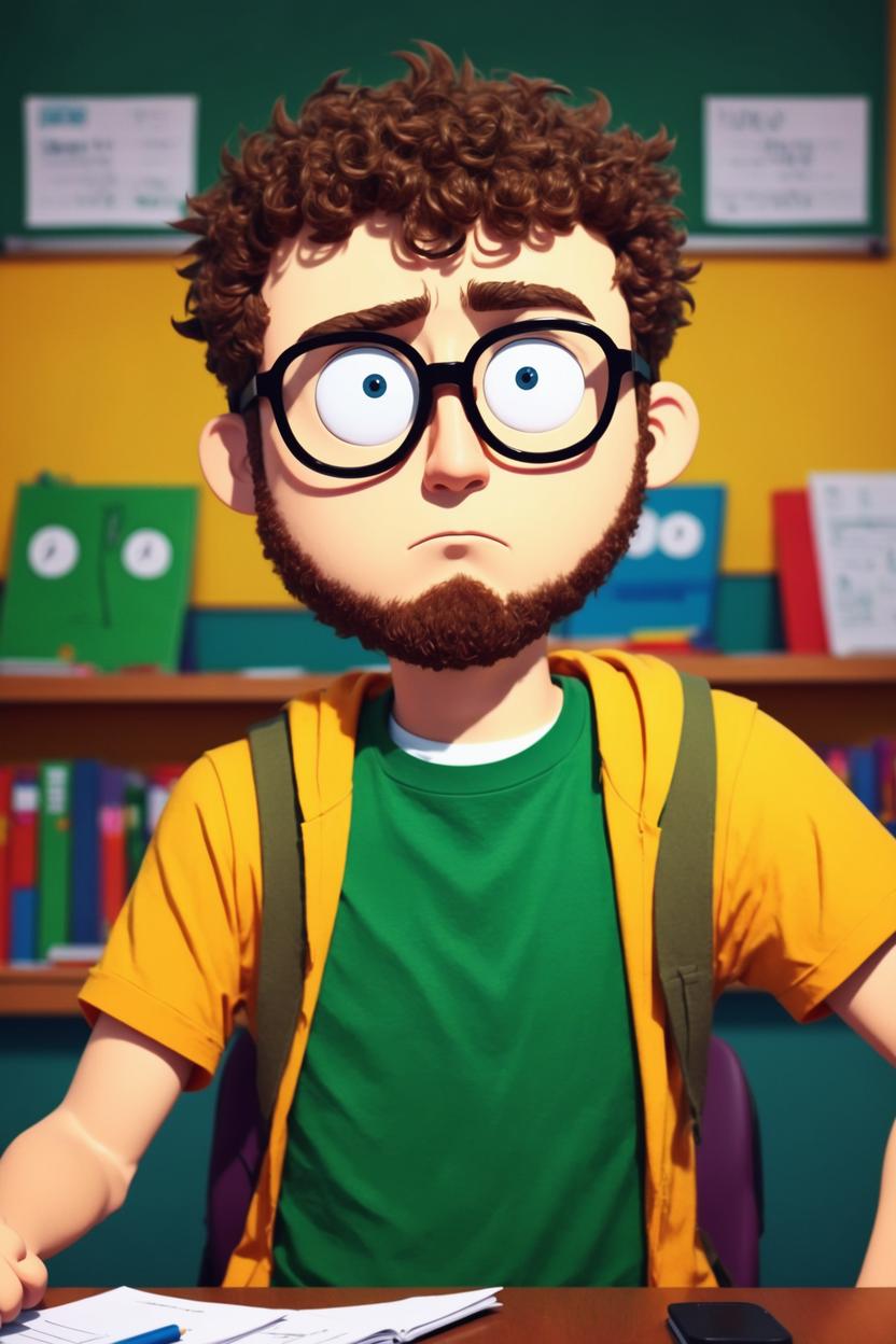 Artificial Intelligence (AI) generated image art, (((south park cartoon character))), ... man, illustration, in classroom, sharp focus, deep colours