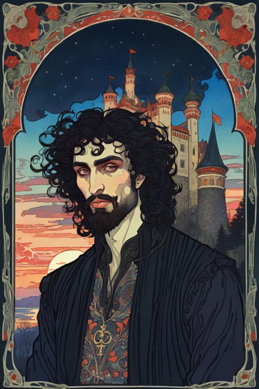 Artificial Intelligence (AI) generated image art, (...), portrait, artwork by Ivan Bilibin, Art Nouveau, tarot card, god, the lovers, castle in background, black hair, as a vampire