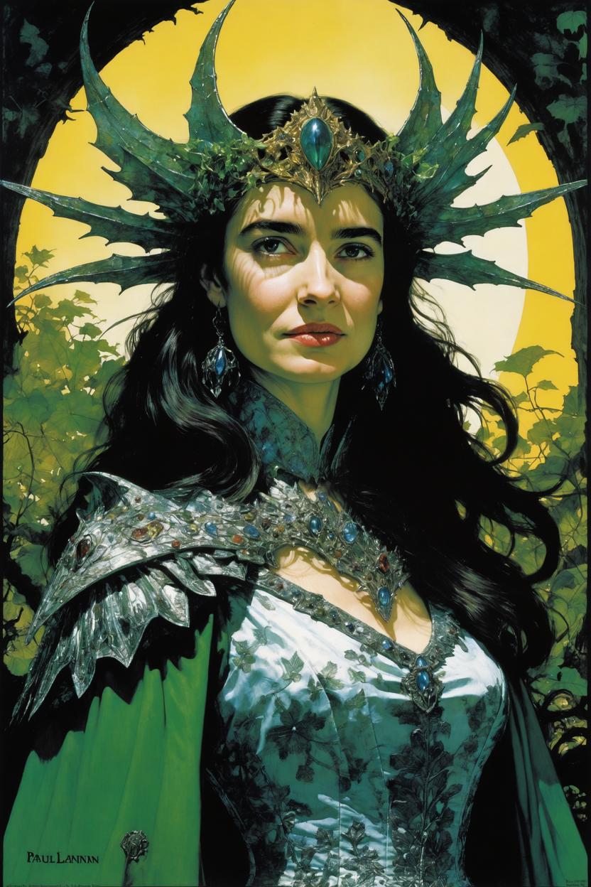 Artificial Intelligence (AI) generated image art, ..., as ALARIELLE THE EVERQUEEN, poster, by Paul Dainton, by John Blanche, Mantled in the finery of nature at its most wrathful