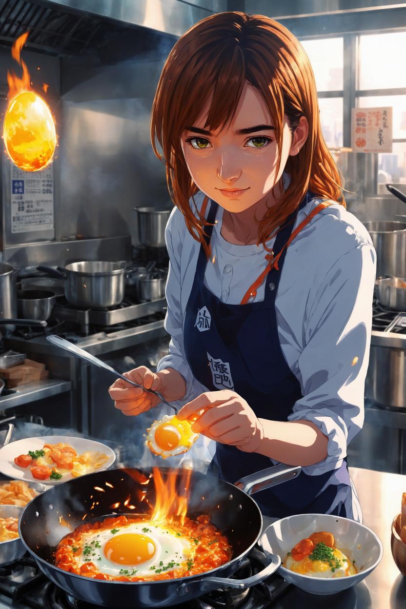 Artificial Intelligence (AI) generated image art, ..., as anime girl from Food Wars!, frying an egg, open flame, Food Wars!, anime style, illustration, anime girl art by makoto shinkai
