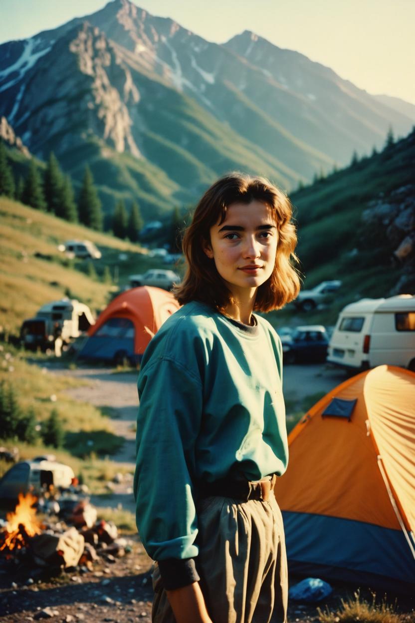 Artificial Intelligence (AI) generated image art, ..., 80s vintage film photograph, artistic, camping in nature, mountains around, morning, masterpiece photograph