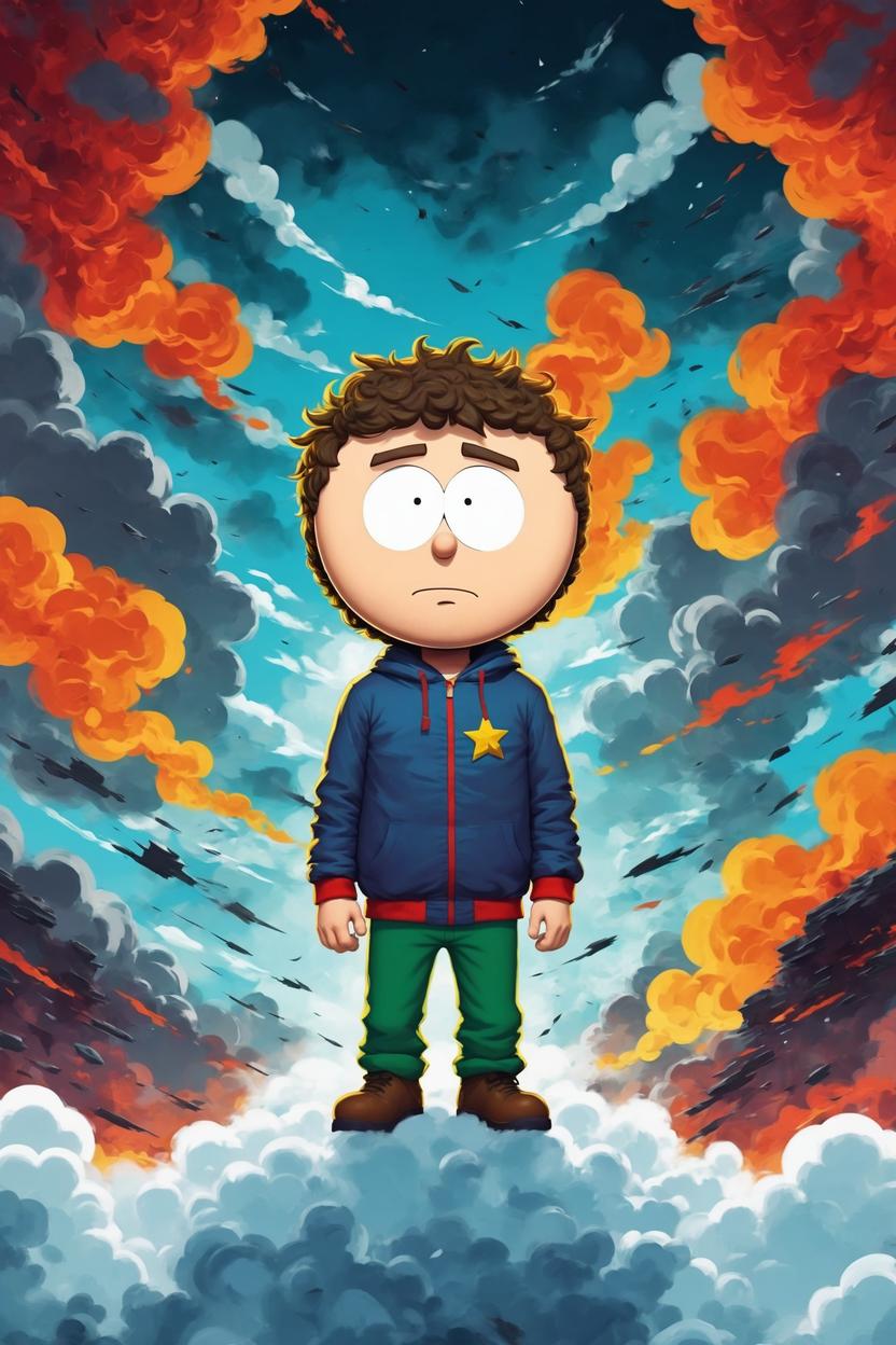 Artificial Intelligence (AI) generated image art, (((south park cartoon character))), ... man, illustration, at heaven gates, on a cloud, sharp focus, deep colours