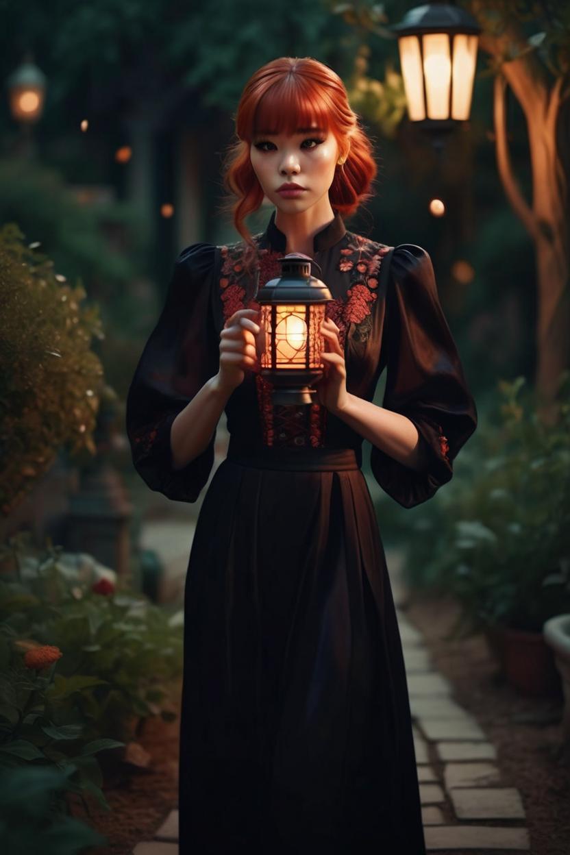 Artificial Intelligence (AI) generated image art, ..., ((portrait)), beautiful red hair, dressed in a black gown, highly detailed illustration, walking through a garden holding a lantern at midnight, deep focus, d & d, fantasy, intricate, elegant, highly detailed, digital painting, artstation, concept art, sunset, matte, sharp focus, pouty lips, ultrarealistic, shot in the style of Wes Anderson, Mysterious and seductive atmosphere