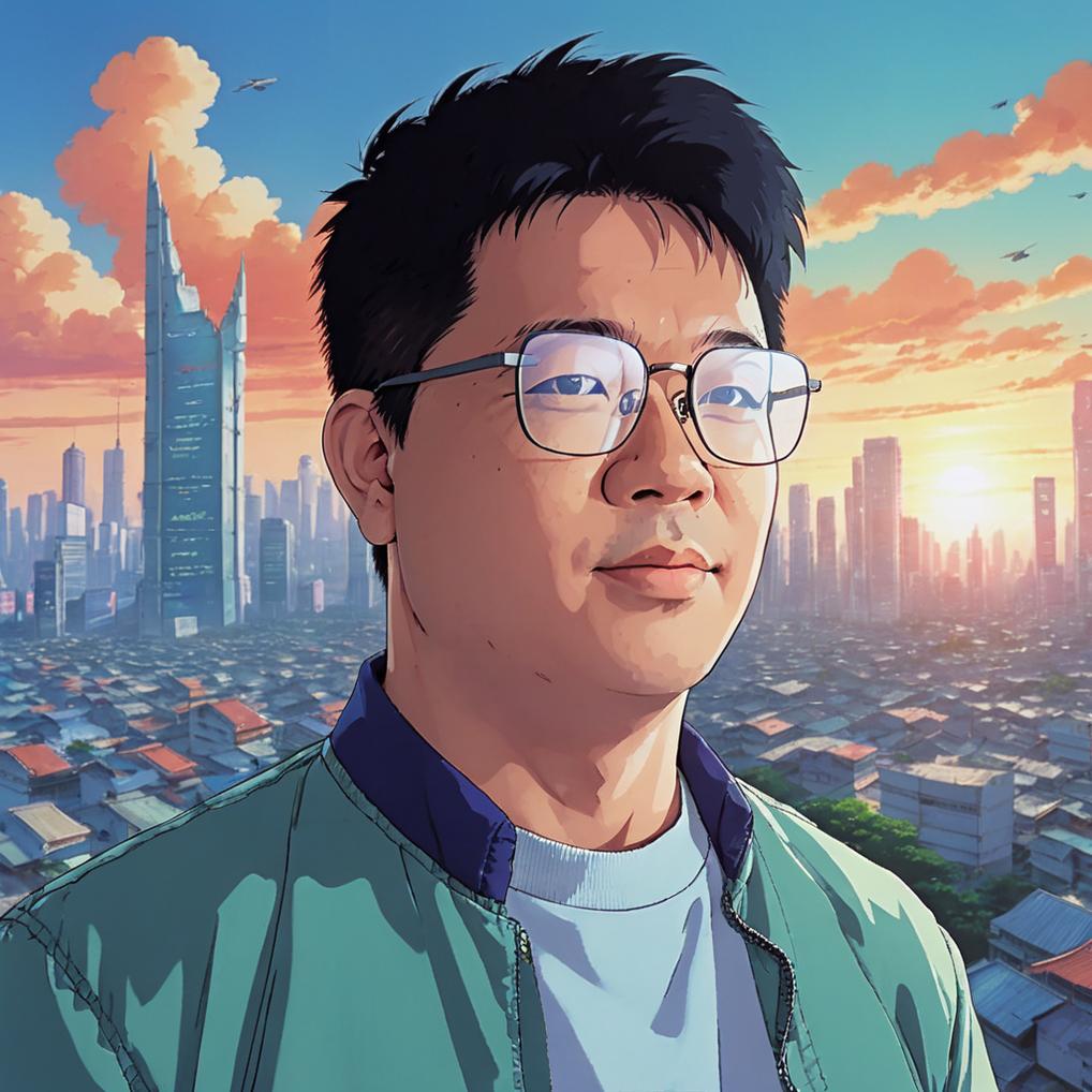 Artificial Intelligence (AI) generated image art, ... as middle age man with glasses, (akira 1988 anime film), portrait, scifi city landscape, 90s anime style