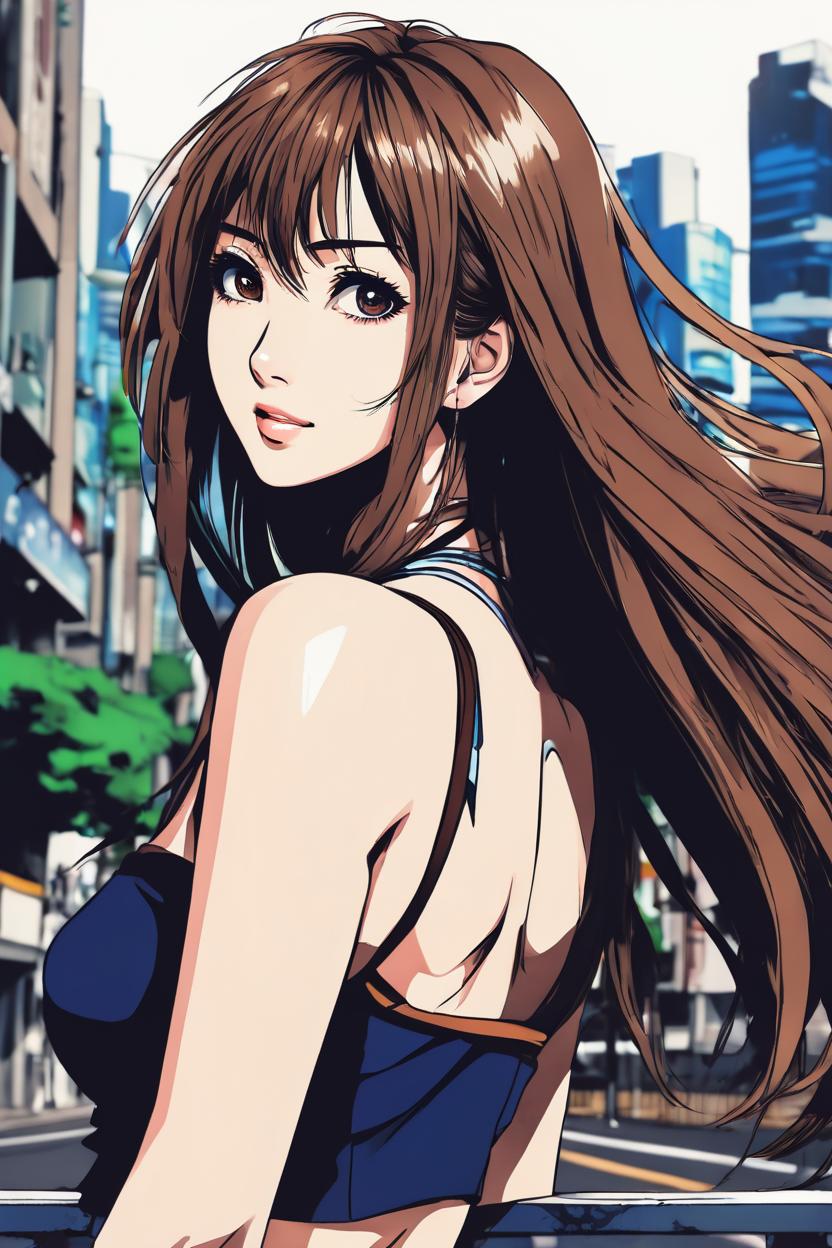 Artificial Intelligence (AI) generated image art, (*...*), Beautiful well-formed female, (Kentaro Miura manga book style), illustration, manga artstyle, portrait and torso, fantasy, landscape, city background, long hair, hair with bangs, dark brown eyes