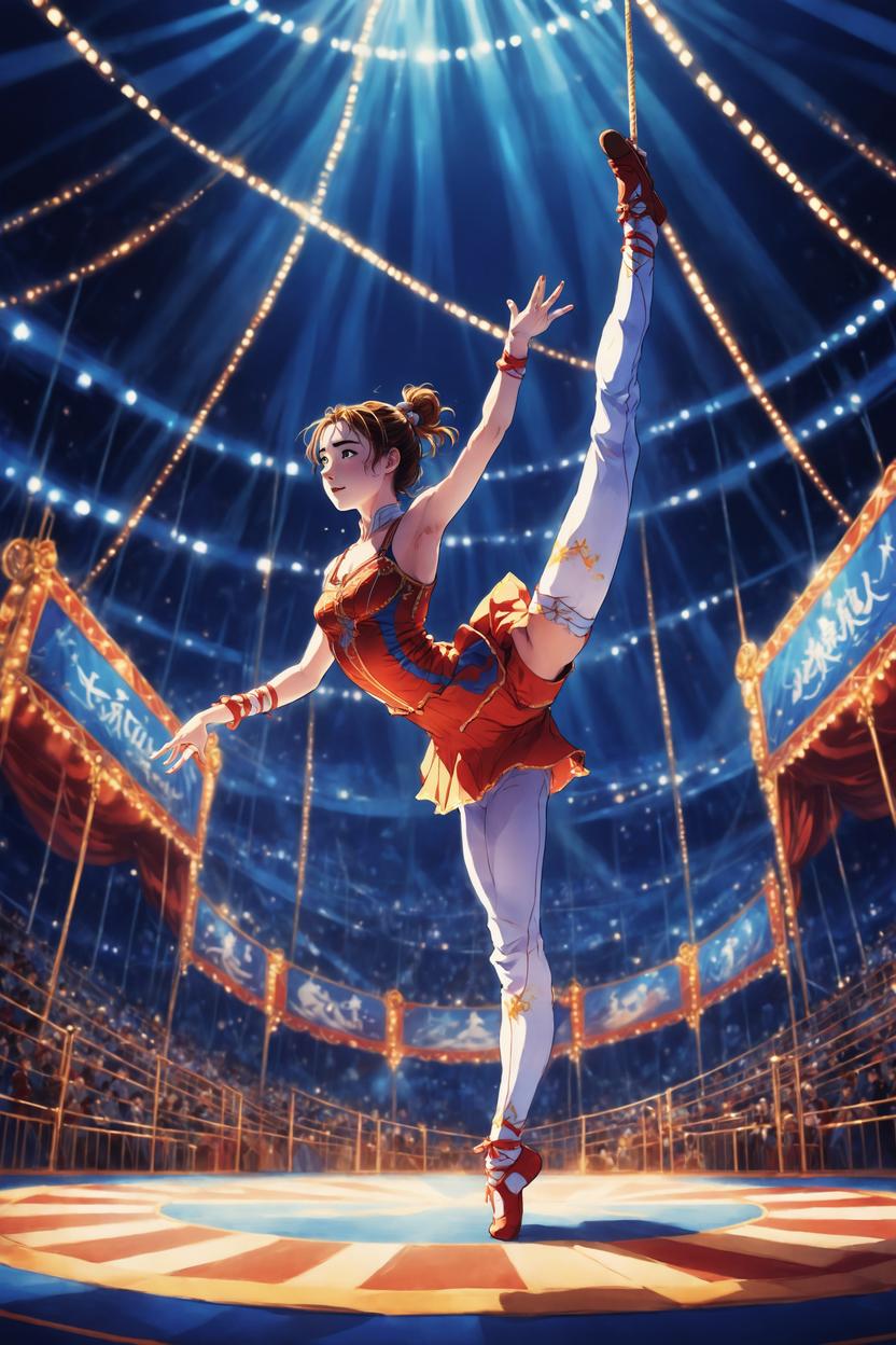 Artificial Intelligence (AI) generated image art, ..., as an anime girl,  anime style, illustration, art by makoto shinkai, circus acrobat, dramatic lighting, cirque du soleil, in the air