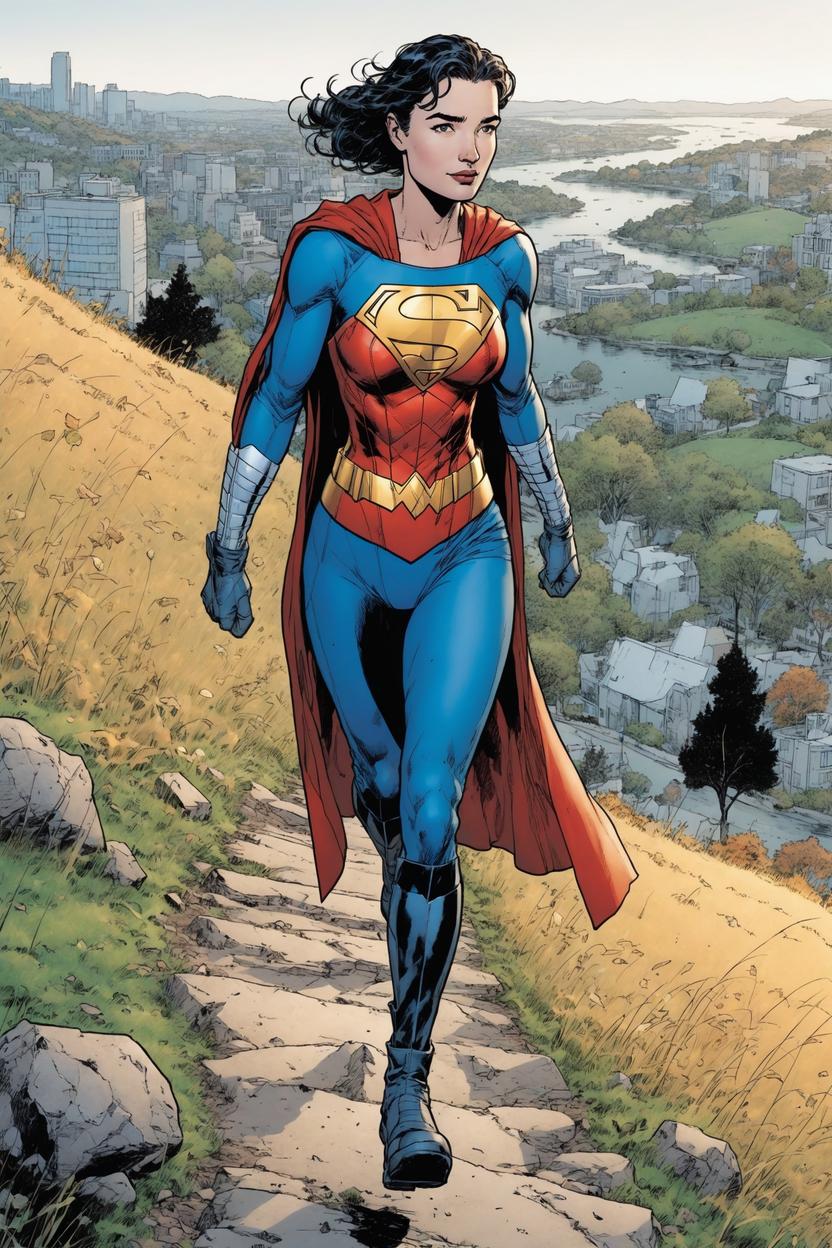 Artificial Intelligence (AI) generated image art, ..., as Pat Brosseau from Justice League #1, DC, walking down a hill, November 2011, By Jim Lee