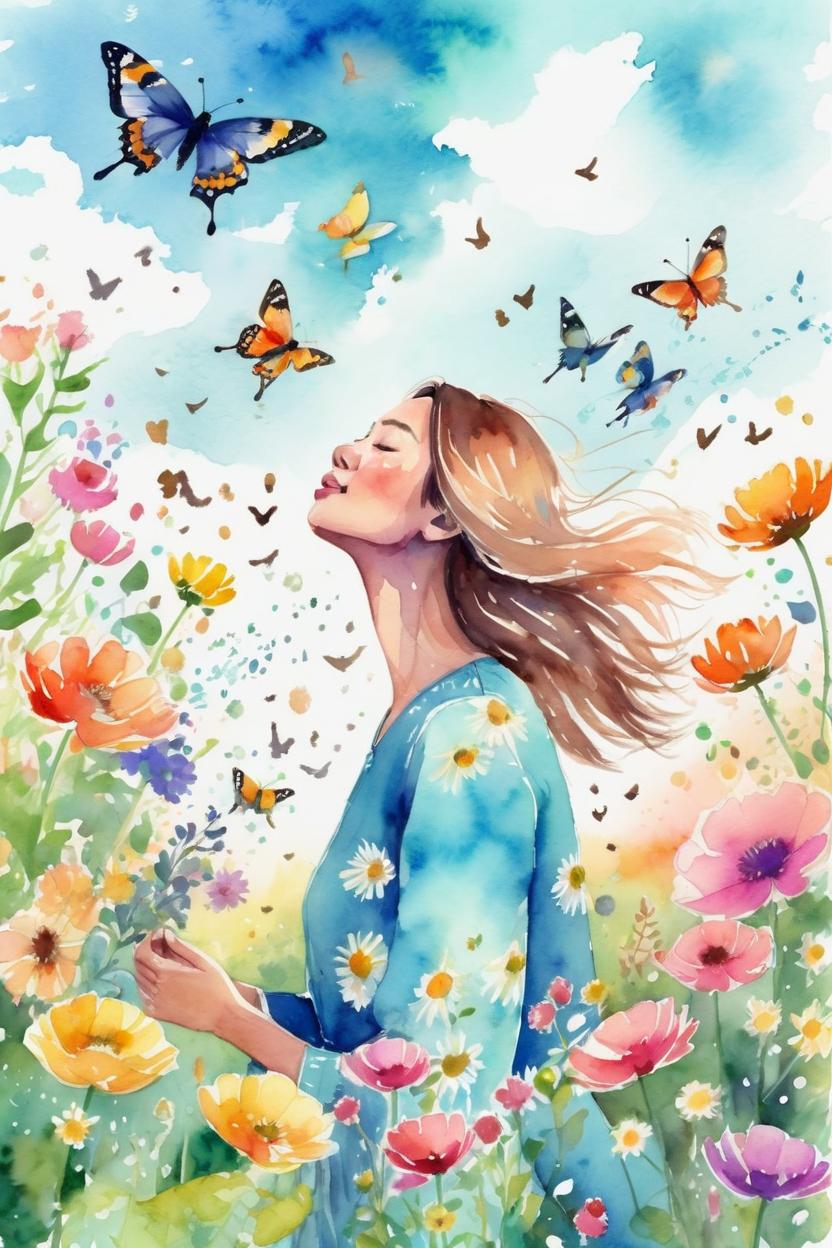 Artificial Intelligence (AI) generated image art, ..., illustration, field of flowers, blowing flowers, butterflies, bright sky, birds, pretty, water color