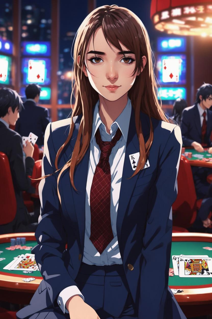 Artificial Intelligence (AI) generated image art, ..., as anime girl playing poker, anime girl from Kakegurui, Kakegurui, in suit, super cute anime style, illustration, anime girl art by makoto shinkai