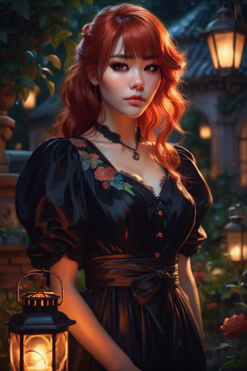 Artificial Intelligence (AI) generated image art, ..., ((portrait)), beautiful red hair, dressed in a black gown, highly detailed illustration, in a garden holding a lantern at midnight, deep focus, d & d, fantasy, intricate, elegant, highly detailed, digital painting, artstation, concept art, sunset, matte, sharp focus, illustration, hearthstone, art by artgerm and greg rutkowski and alphonse mucha and marco mazzoni