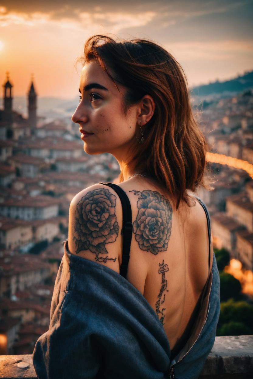 Artificial Intelligence (AI) generated image art, photo of ... with a tattoo viewed from behind, looking sideways, looking over a beautiful italian city, morning, stunning lighting