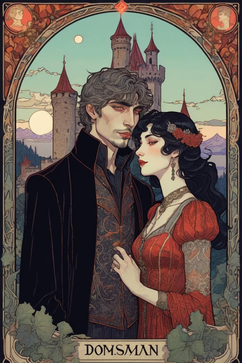 Artificial Intelligence (AI) generated image art, (*...*), portrait, artwork by Ivan Bilibin, Art Nouveau, tarot card, goddess, the lovers, castle in background, black hair, as a vampire, with a partner