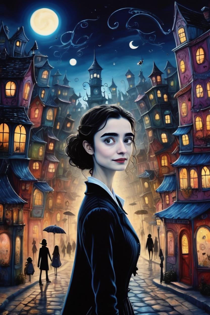 Artificial Intelligence (AI) generated image art, ..., tim burton style animation, masterpiece art painting, in magic town