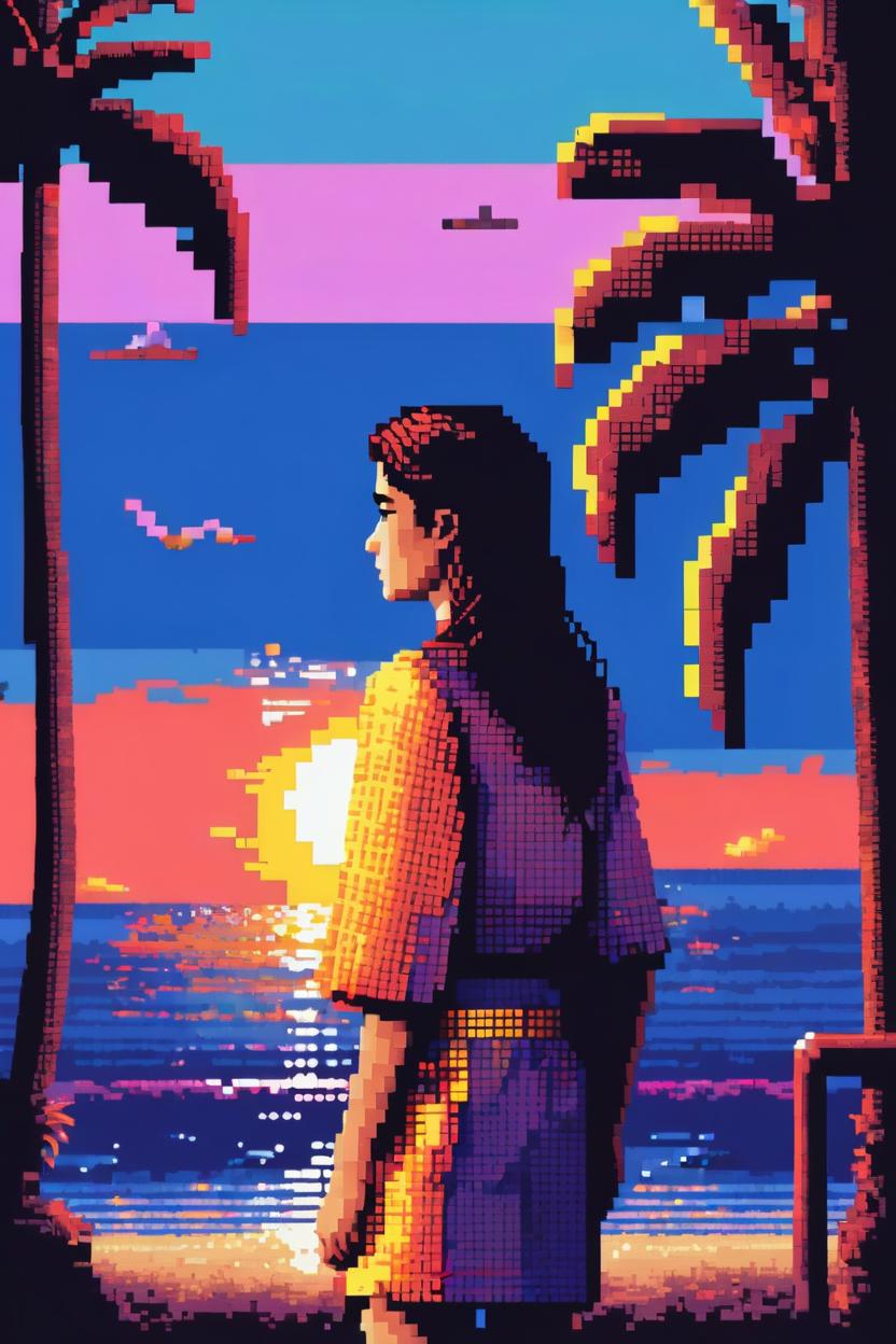 Artificial Intelligence (AI) generated image art, ..., (8 bit pixel art), tropical sunset at beach