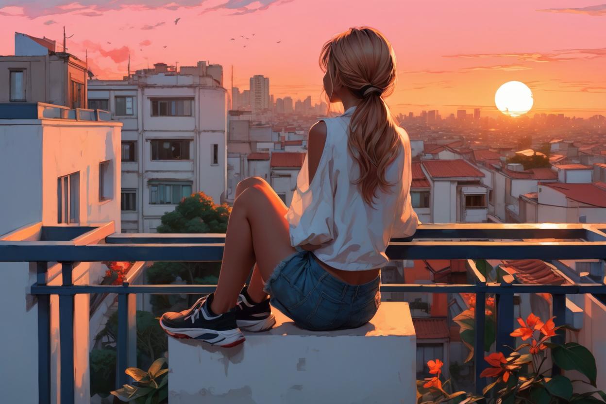 Artificial Intelligence (AI) generated image art, ..., a woman sitting on a balcony looking out at the sunset, alphonse mucha and alena aenami, girl sitting on a rooftop, stunning art style, watching the sun set. anime, girl watching sunset, sits on a rooftop, style of charlie bowater, laurie greasley and james jean, red hues, charlie bowater art style, beautiful comic art