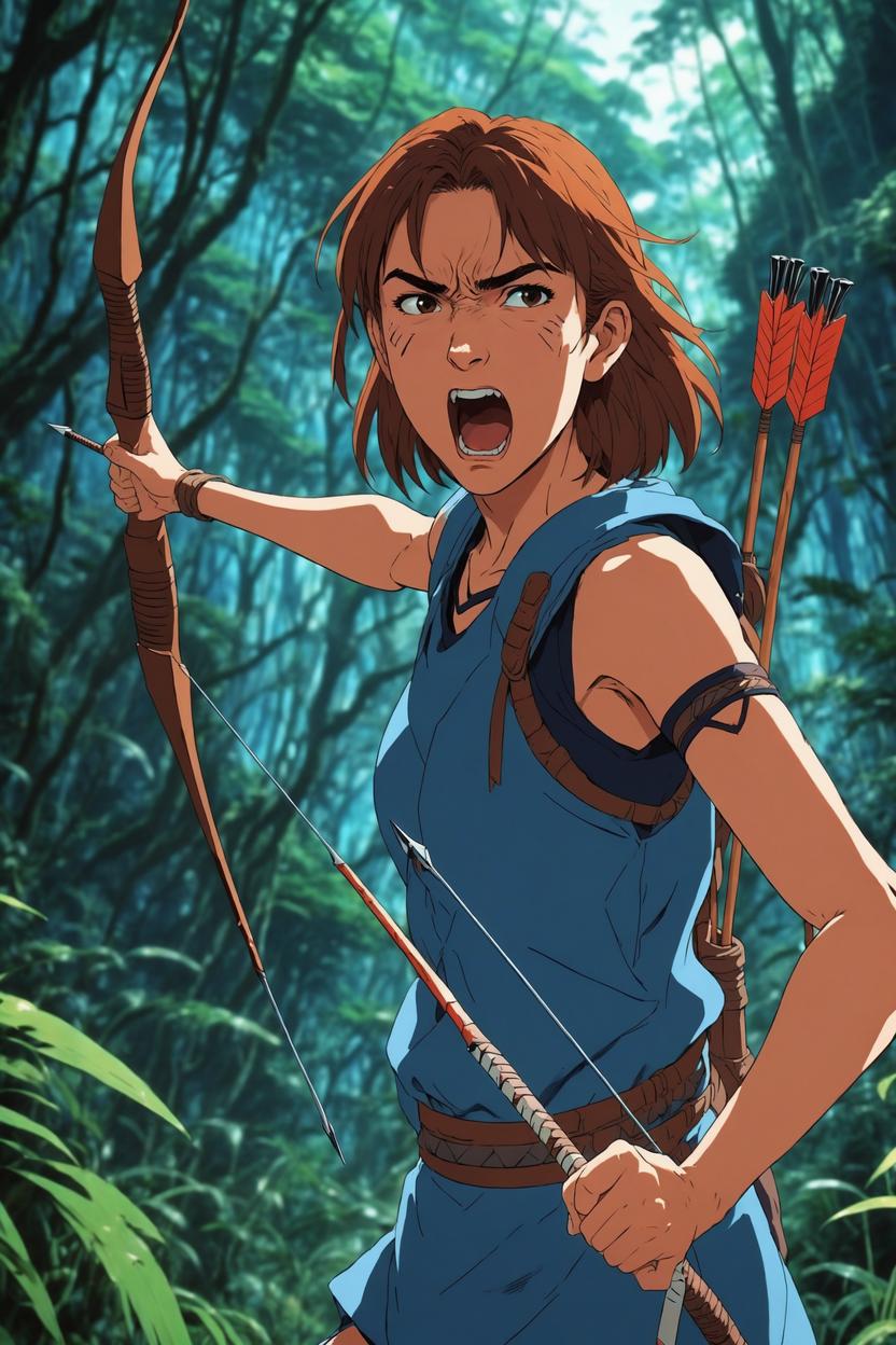 Artificial Intelligence (AI) generated image art, ..., as a tribal anime girl shooting an arrow, angry screaming girl in the jungle, anime style, illustration, anime girl from Nausicaä Of The Valley Of The Wind, art by makoto shinkai