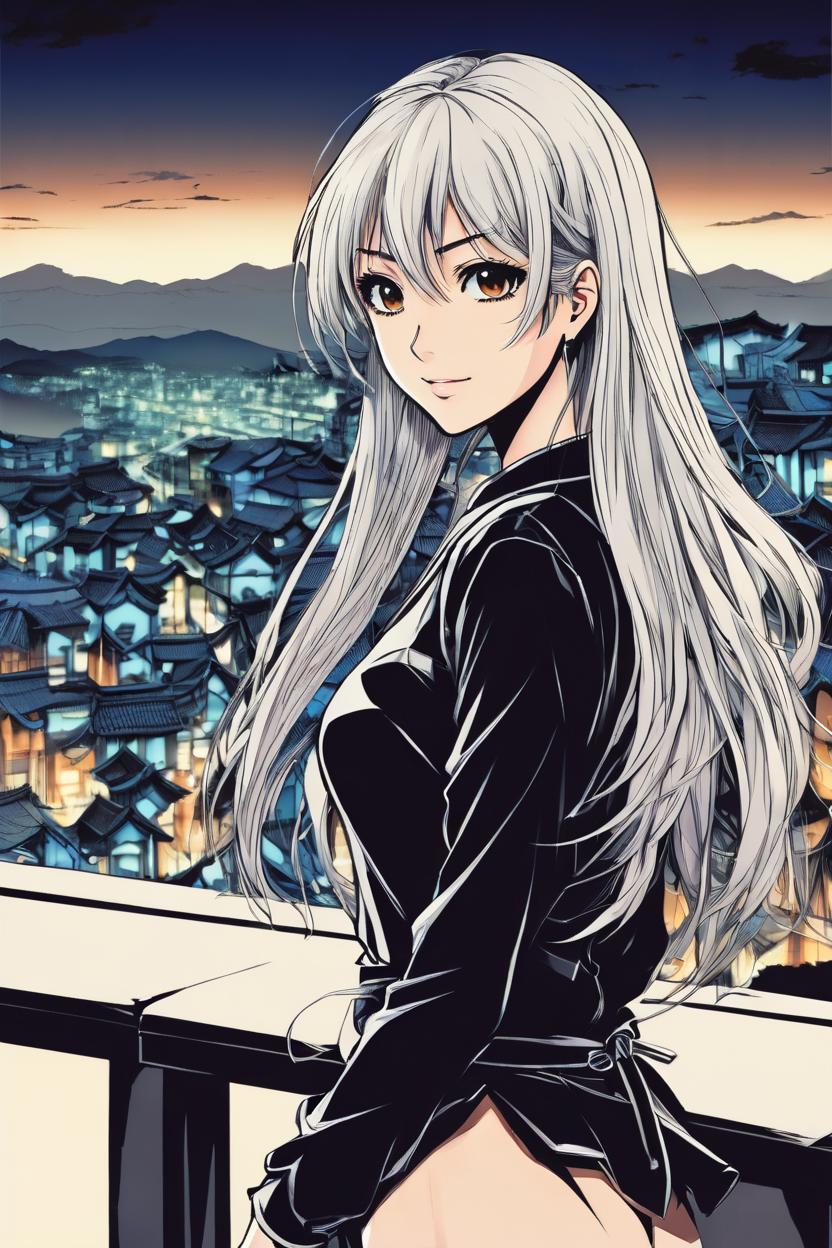 Artificial Intelligence (AI) generated image art, (*...*), Beautiful well-formed female, (Kentaro Miura manga book style), illustration, manga artstyle, portrait and torso, fantasy, landscape, city background, long hair, hair with bangs, dark brown eyes