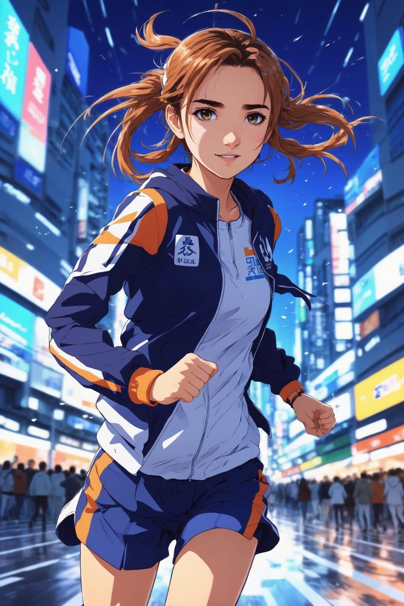 Artificial Intelligence (AI) generated image art, ..., as anime girl sprinting, anime girl from Uma Musume Twocar Derby, super cute anime style, illustration, anime girl art by makoto shinkai