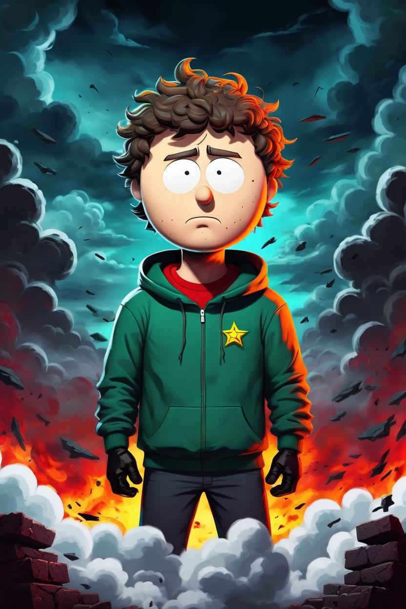 Artificial Intelligence (AI) generated image art, (((south park cartoon character))), ... man, illustration, at hell gates, on a cloud, sharp focus, deep colours