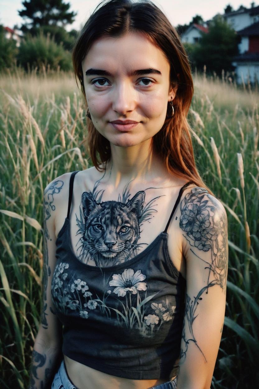 Artificial Intelligence (AI) generated image art, ..., (tattooed woman), ink painting, in tall grass