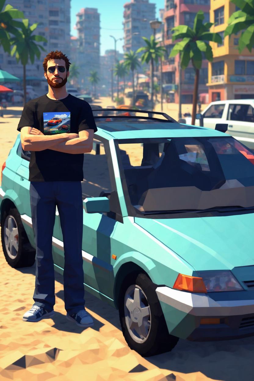 Artificial Intelligence (AI) generated image art, ..., early 2000 low game graphics, 2000s playstation graphics artstyle, low polygon 3d game, psx game, ps2 game, standing next to cool car, in city beach