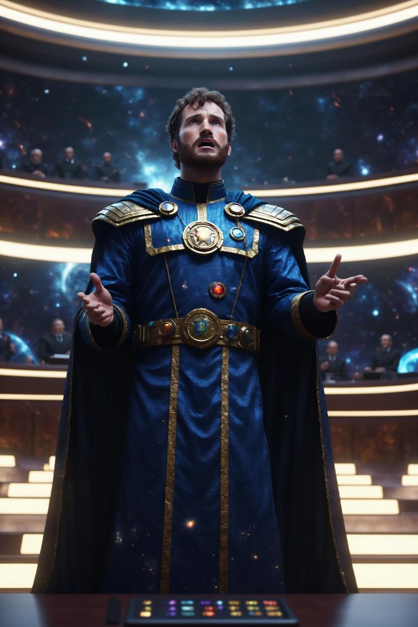 Artificial Intelligence (AI) generated image art, ..., as intergalactic emperor, giving a speech in galaxy parliament, art by greg rutkowski, 8k, epic lighting, important, dramatic