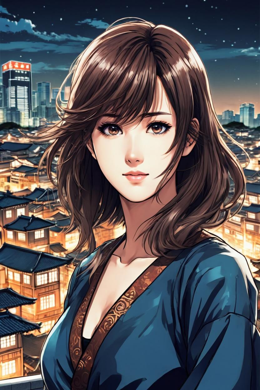 Artificial Intelligence (AI) generated image art, (*...*), Beautiful well-formed female, (Kentaro Miura manga book style), illustration, manga artstyle, portrait and torso, fantasy, landscape, city background, long hair, hair with bangs, dark brown eyes