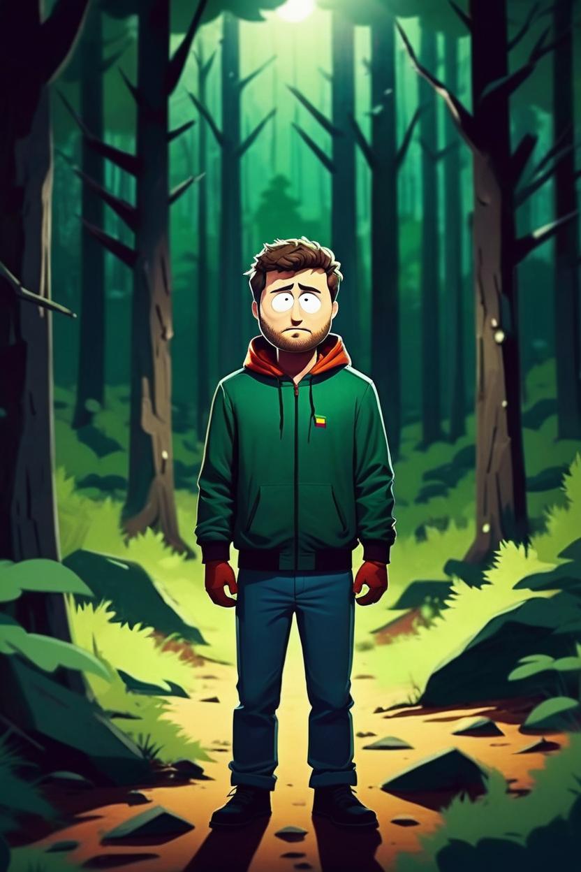 Artificial Intelligence (AI) generated image art, ((south park cartoon character)), ... man, in a forest, dramatic lighting, sharp focus, deep colours