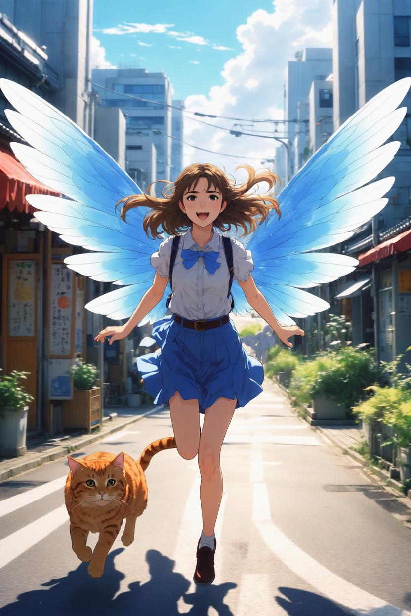 Artificial Intelligence (AI) generated image art, ..., as anime fairy being chased by giant cat, anime fairy from Amagi Brilliant Park, wings, flying, super cute anime style, illustration, anime girl art by makoto shinkai