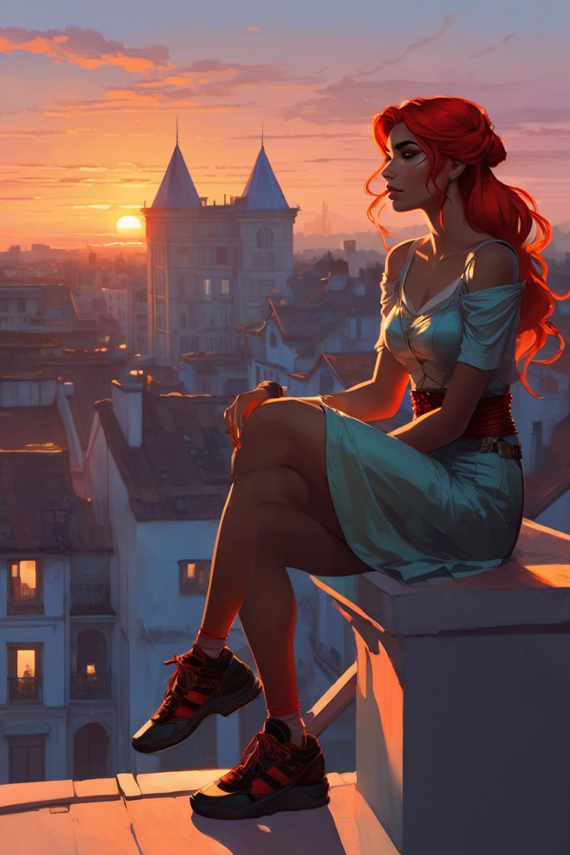 Artificial Intelligence (AI) generated image art, ..., a woman sitting on a balcony looking out at the sunset, alphonse mucha and alena aenami, girl sitting on a rooftop, stunning art style, watching the sun set. anime, girl watching sunset, sits on a rooftop, style of charlie bowater, laurie greasley and james jean, red hues, charlie bowater art style, beautiful comic art