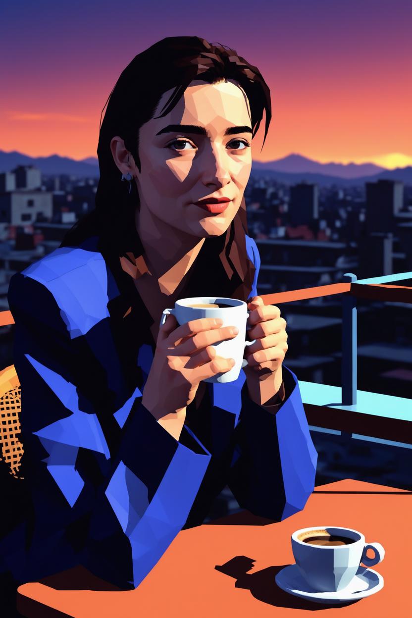 Artificial Intelligence (AI) generated image art, ..., early 2000 low game graphics, 2000s playstation graphics artstyle,  low polygon 3d game, psx game, ps2 game, drinking cappuccino, as gangster, beautiful sky