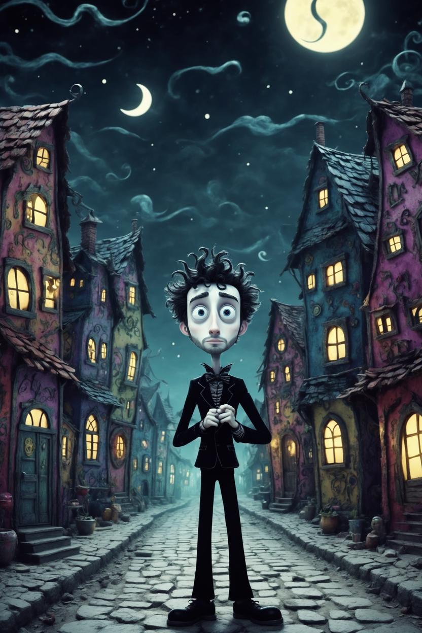 Artificial Intelligence (AI) generated image art, ..., tim burton style animation, in magic town