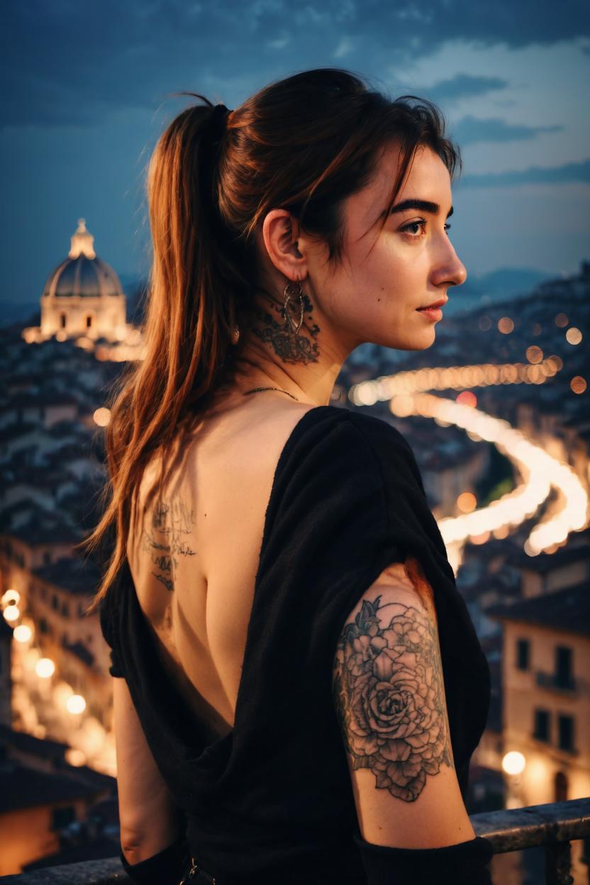 Artificial Intelligence (AI) generated image art, photo of ... with a tattoo viewed from behind, looking sideways, looking over a beautiful italian city, morning, stunning lighting