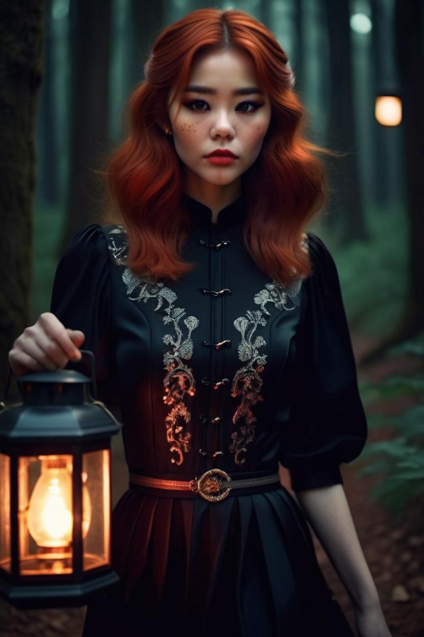 Artificial Intelligence (AI) generated image art, ..., ((portrait)), beautiful red hair, dressed in a black gown, highly detailed illustration, walking through a dark forest holding a lantern at midnight, deep focus, d & d, fantasy, intricate, elegant, highly detailed, digital painting, artstation, concept art, sunset, matte, sharp focus, pouty lips, ultrarealistic, shot in the style of Wes Anderson, Mysterious and seductive atmosphere