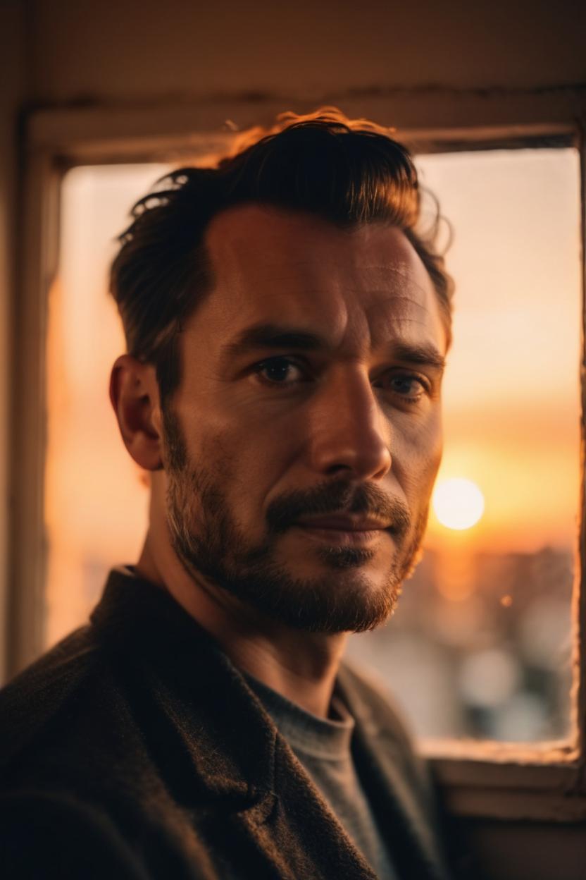 Artificial Intelligence (AI) generated image art, (((..., realistic face, handsome, attractive))), portrait, polaroid photo, golden hour, small window with sunset, bathed in orange light, ((dreamy and gloomy atmosphere)), highly detailed atmosphere, 8k