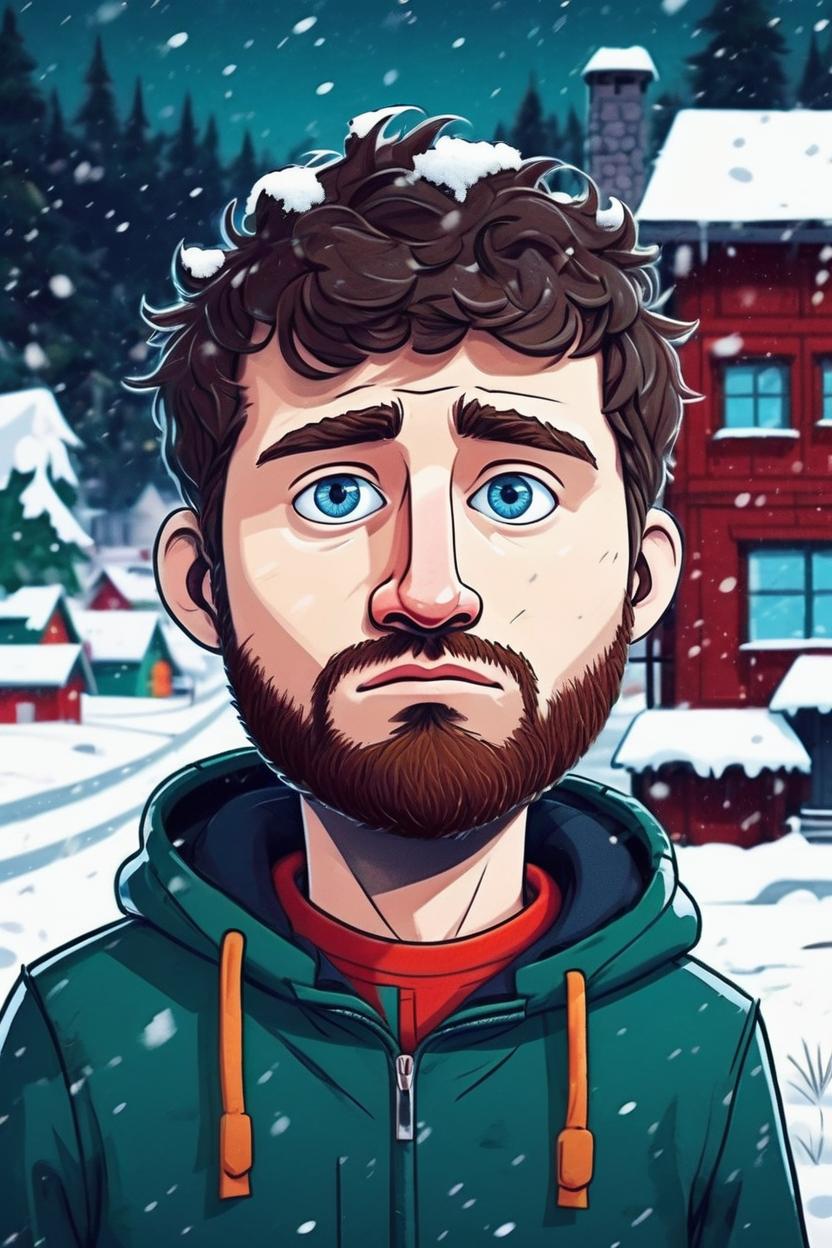 Artificial Intelligence (AI) generated image art, (((south park cartoon character))), ..., illustration, in snowy village, sharp focus, deep colours