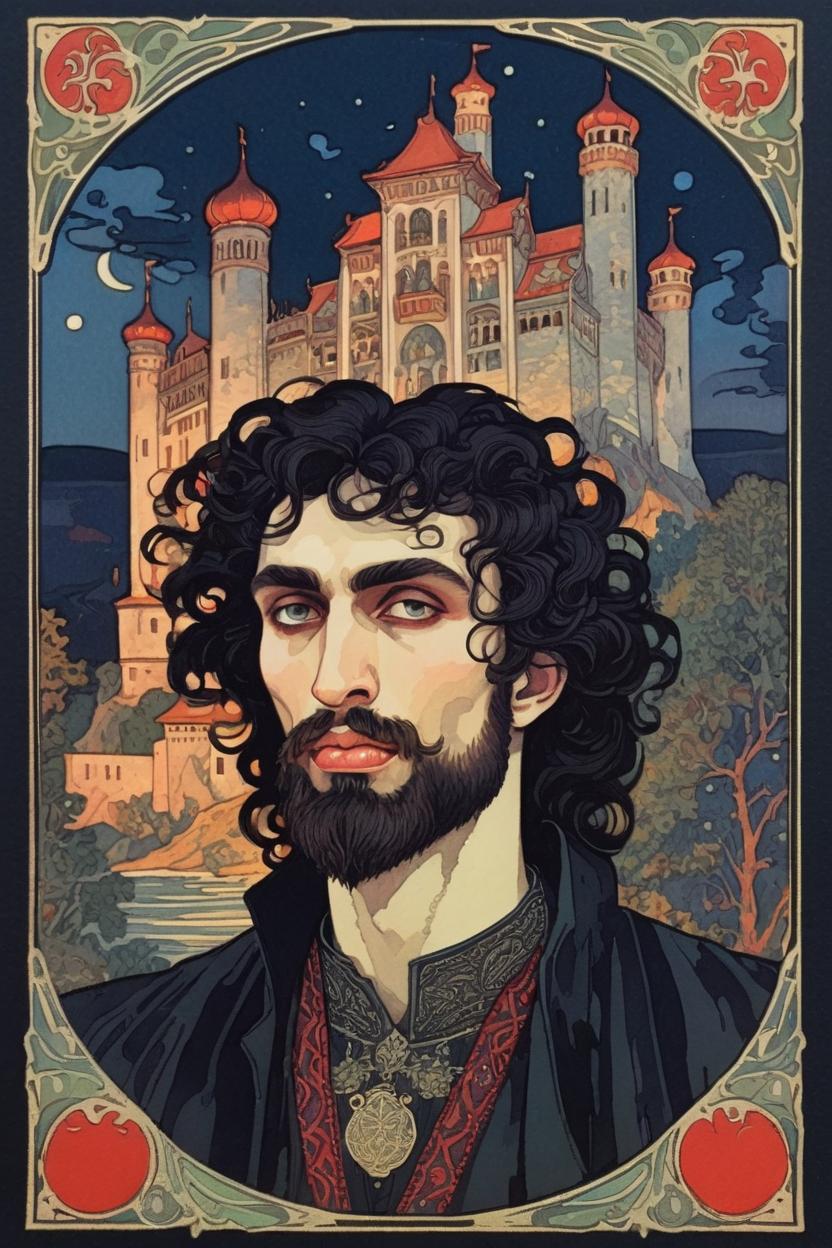 Artificial Intelligence (AI) generated image art, (...), portrait, artwork by Ivan Bilibin, Art Nouveau, tarot card, god, the lovers, castle in background, black hair, as a vampire