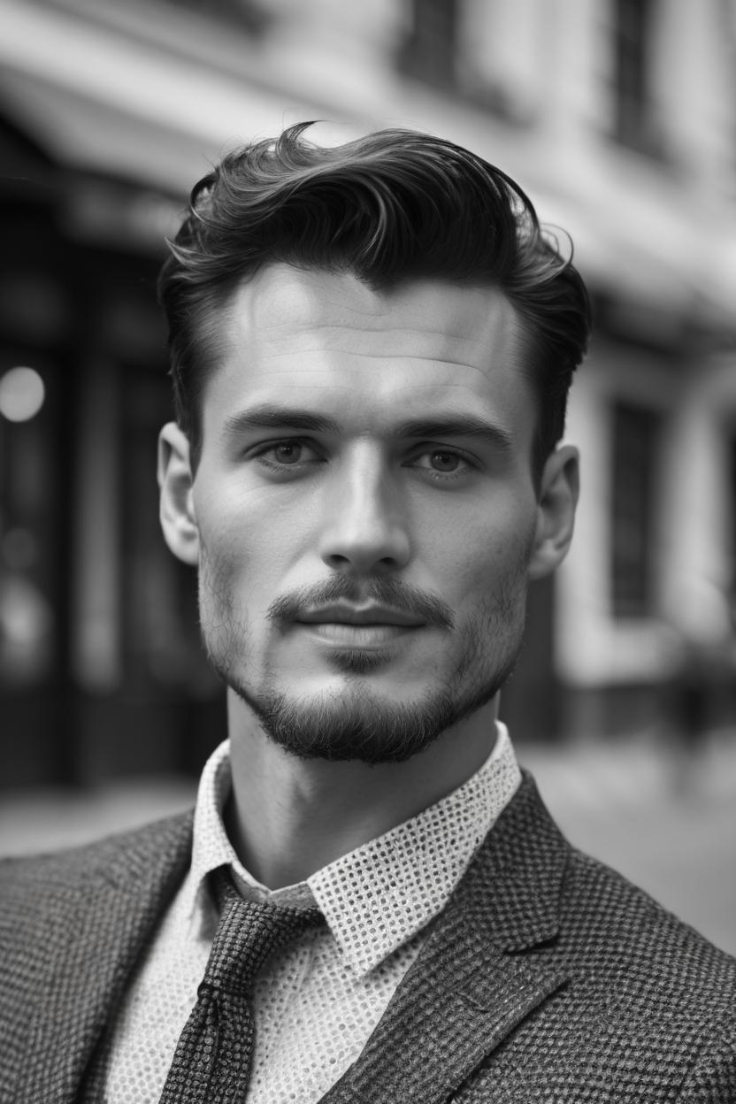 Artificial Intelligence (AI) generated image art, ..., less angular facial features, rounder face, portrait, Shot on Hasselblad H6D-400c lens, copy Sisley Spring Summer 2014 campaign session with more of a vogue or fancy gentleman style clothes, ultra high definition, ultra-realism, ultra realistic, young, handsome, gentleman