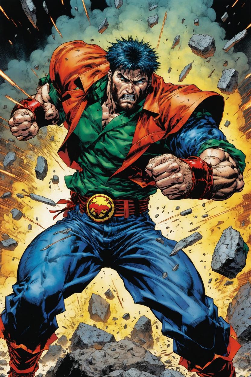 Artificial Intelligence (AI) generated image art, ..., as Deathblow, Wildstorm, by Jim Lee and Brandon Choi, punching the ground, Darker Image #1 March 1993