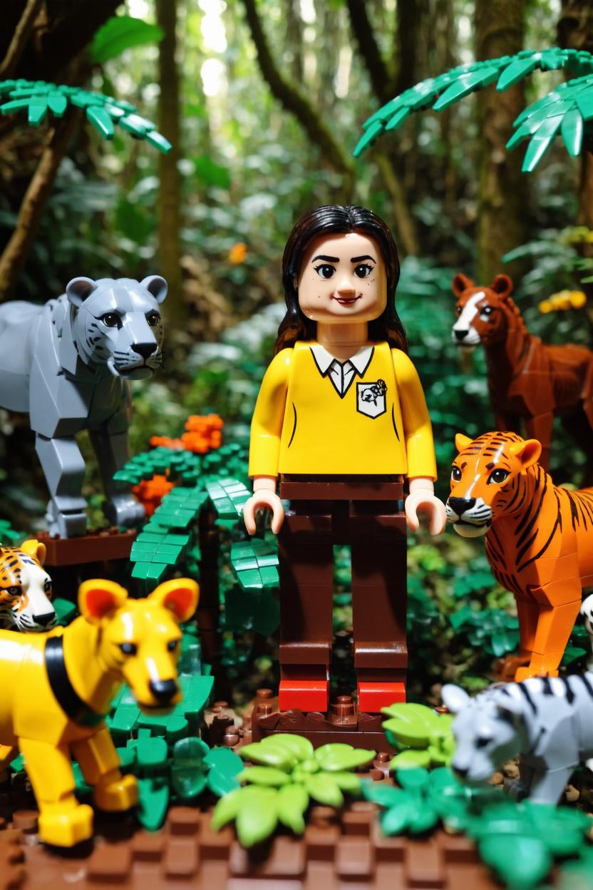 Artificial Intelligence (AI) generated image art, ..., as a Lego figurine, in the jungle, different lego animals all around