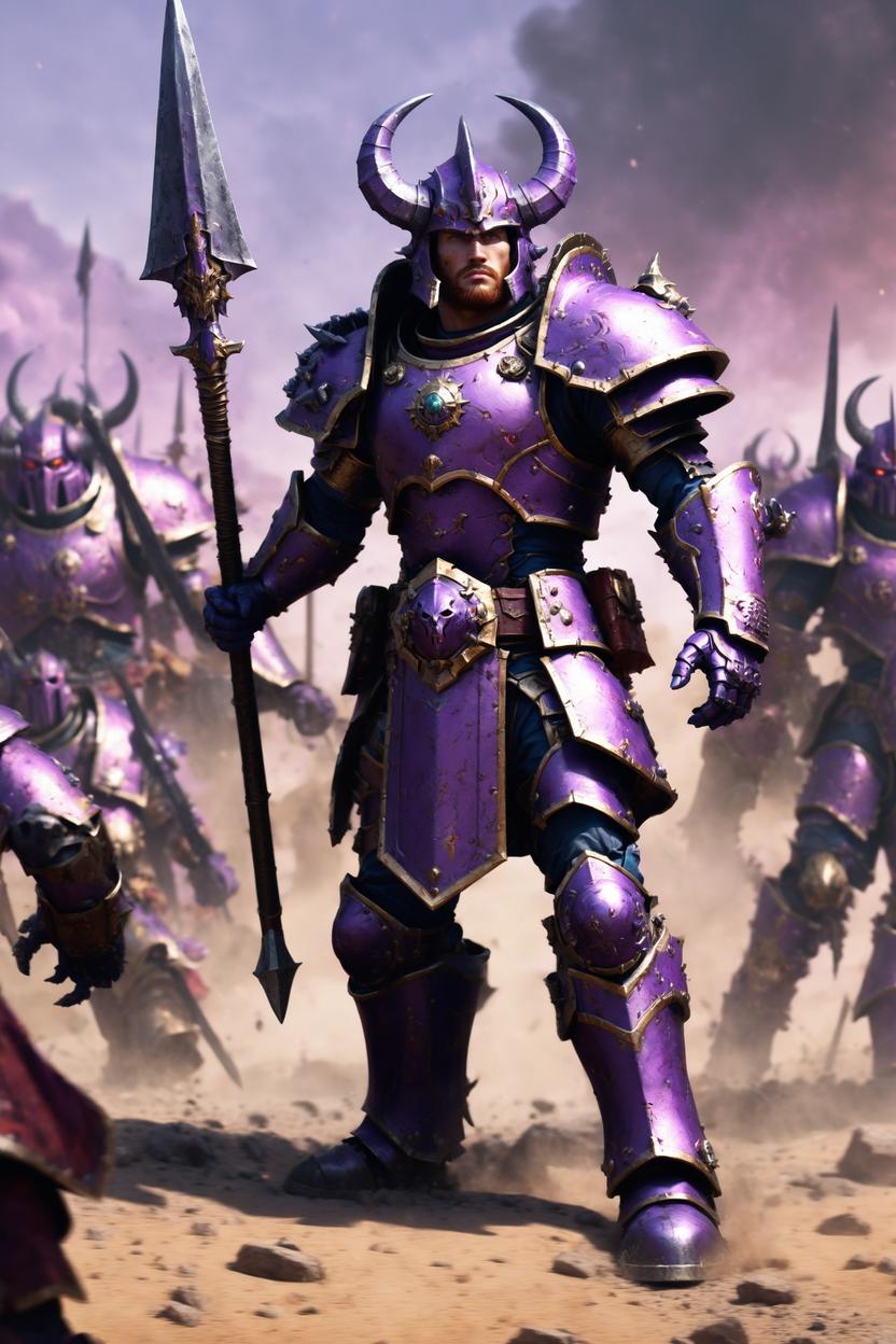 Artificial Intelligence (AI) generated image art, ((...)), in Slaanesh armor, warhammer III, digital art, leading the troops, giant