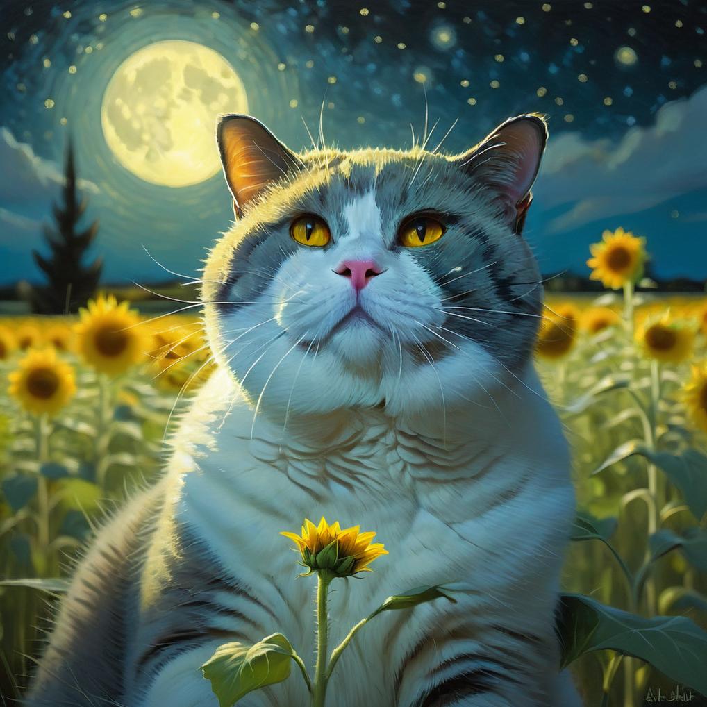 Artificial Intelligence (AI) generated image art, (...), night in background, Aaron Blaise style painting, soft colors, sunflower field, starry night