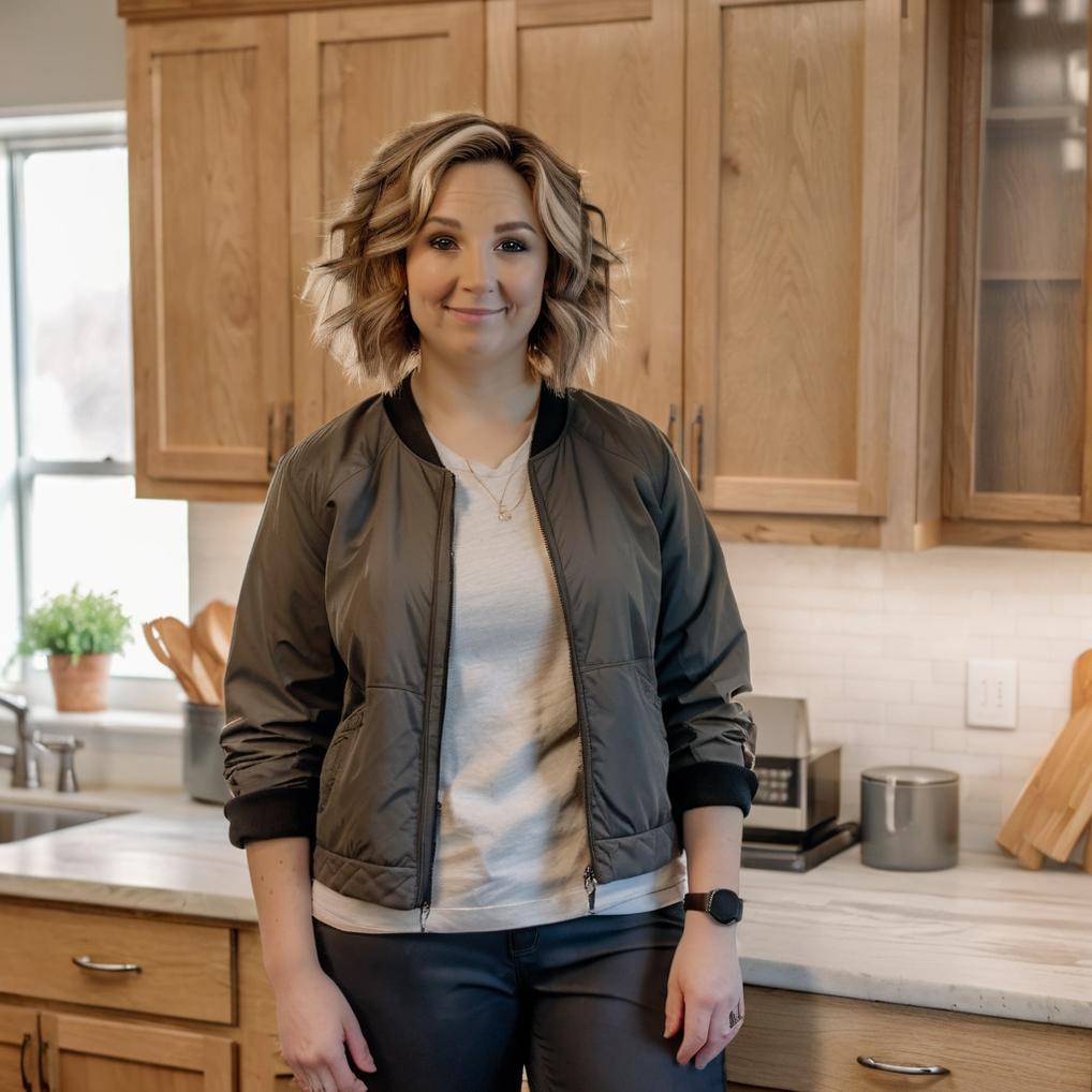 Artificial Intelligence (AI) generated image art, ..., standing in a large kitchen that has light wood cabinets and white backsplash, she is young and thin, wavy hair, she has on a fitted t-shirt with a jacket and pants,  confident, photorealistic,  welcoming