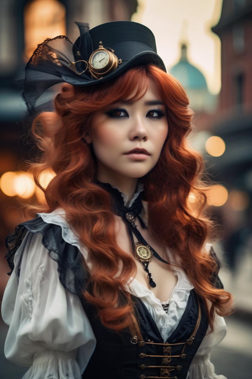 Artificial Intelligence (AI) generated image art, ..., long, red wavy hair, wearing a romantic Victorian ghost costume with flowing black fabrics and ethereal accessories, perfect anatomy, 32k UHD resolution, best quality, realistic photo, professional photography, highly detailed, vibrant, clean eyes, (steampunk cityscape, airships, clockwork elements, industrial magic, fantasy metropolis), cowboy shot, cinematic angle, dramatic lights,