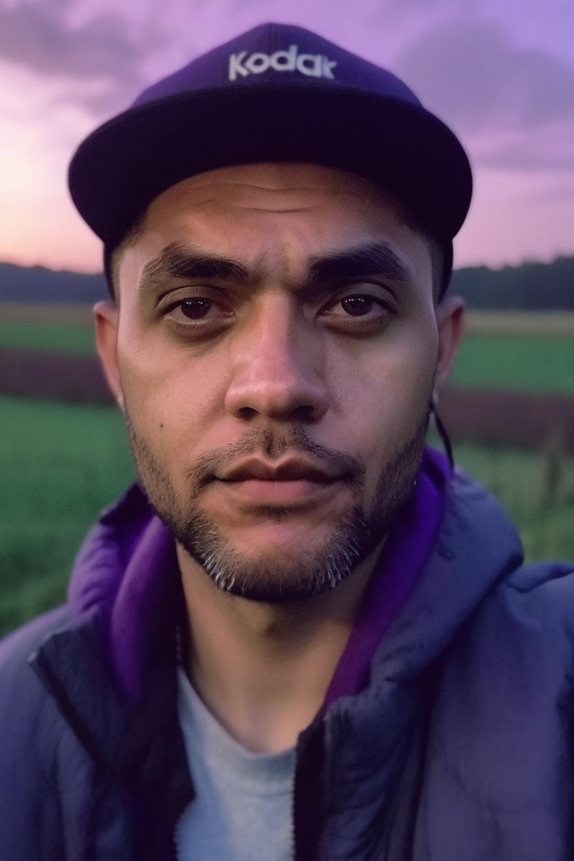 Artificial Intelligence (AI) generated image art, ..., portrait, Shot on 28 mm kodak camera, (twilight), bathed in twilight light, (glowing, smooth face) ((highly detailed eyes)) twilight atmosphere, countryside, (grey with violet sky), detailed face, highly detailed, 8k