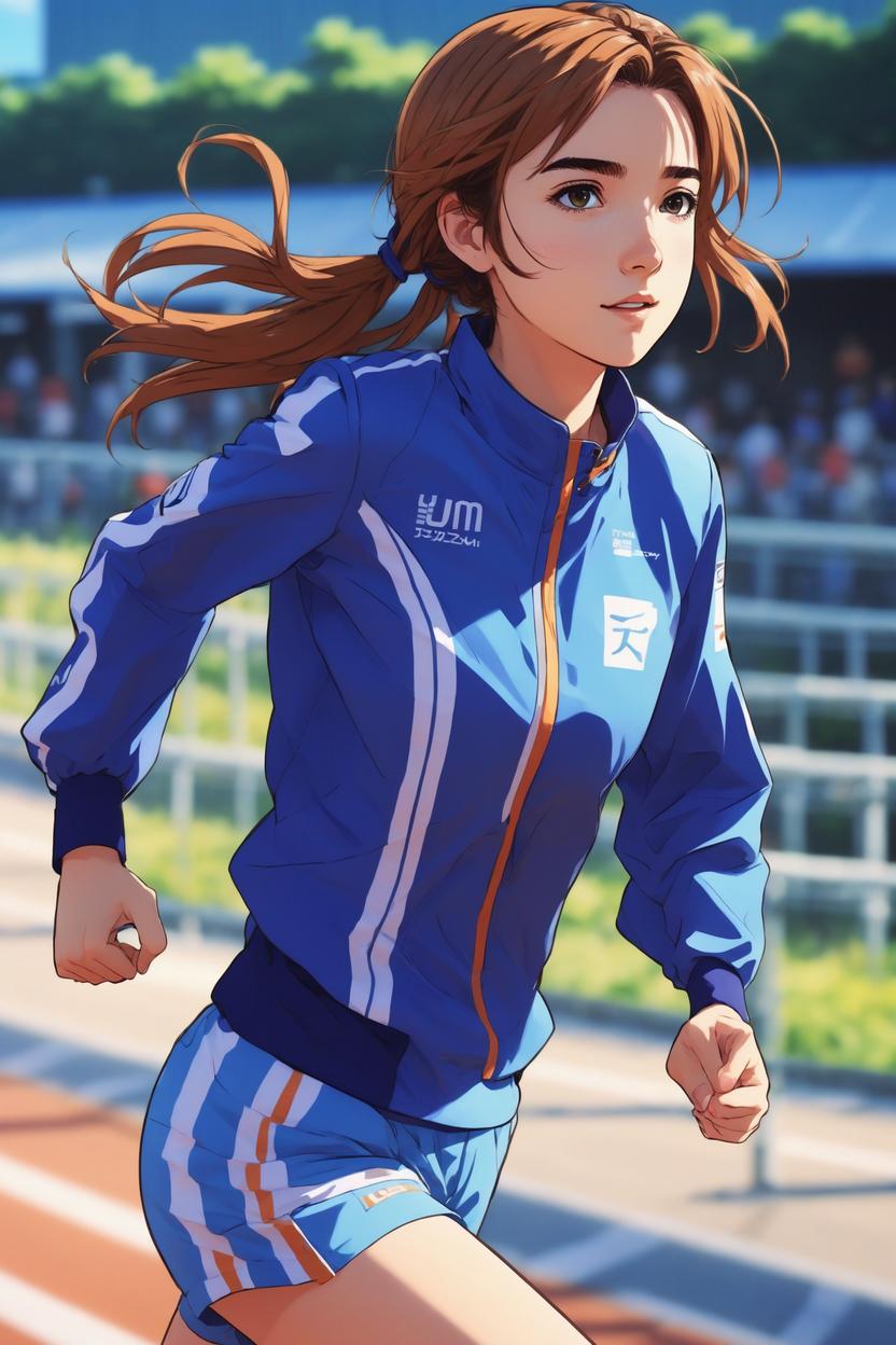 Artificial Intelligence (AI) generated image art, ..., as anime girl sprinting, side profile, anime girl from Uma Musume Twocar Derby, super cute anime style, illustration, anime girl art by makoto shinkai