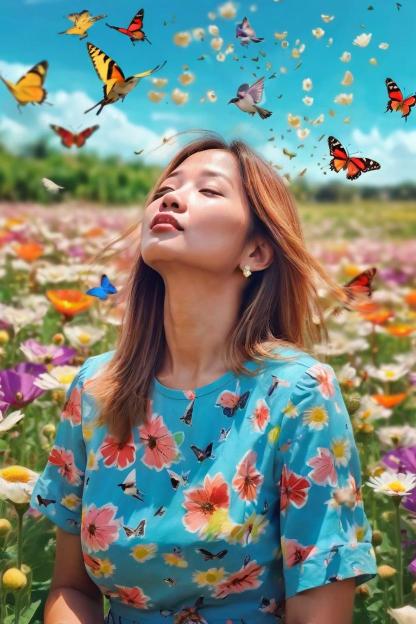 Artificial Intelligence (AI) generated image art, ..., digital portrait, field of flowers, blowing flowers, butterflies, bright sky, birds, pretty,