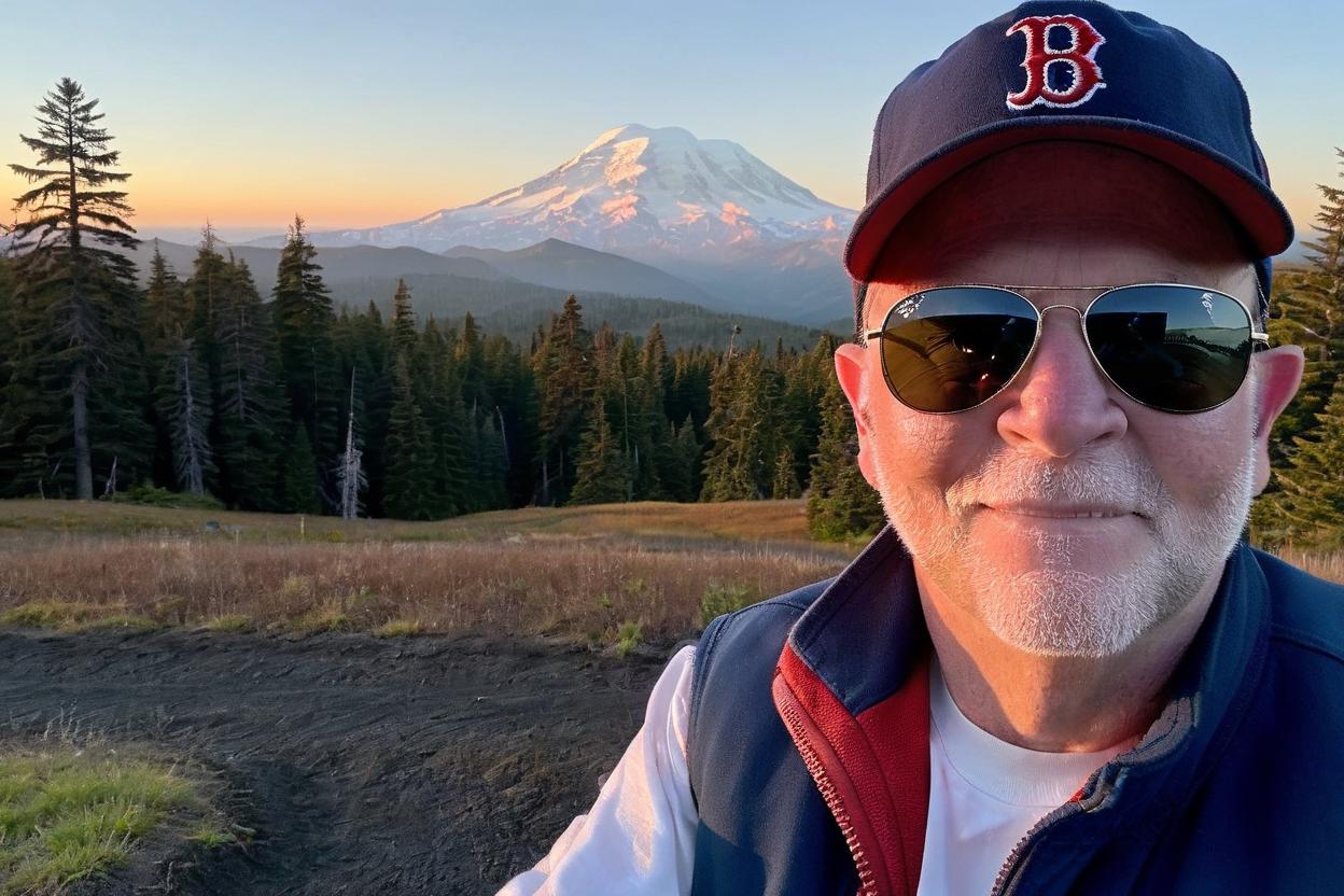 Artificial Intelligence (AI) generated image art, ..., wearing 1933 navy blue Boston Red Sox hat, solid color dark brown fleece vest, solid white T-shirt, black Ray-Ban wayfarer sunglasses, mount rainier in background at sunset, sharp focus, 8k