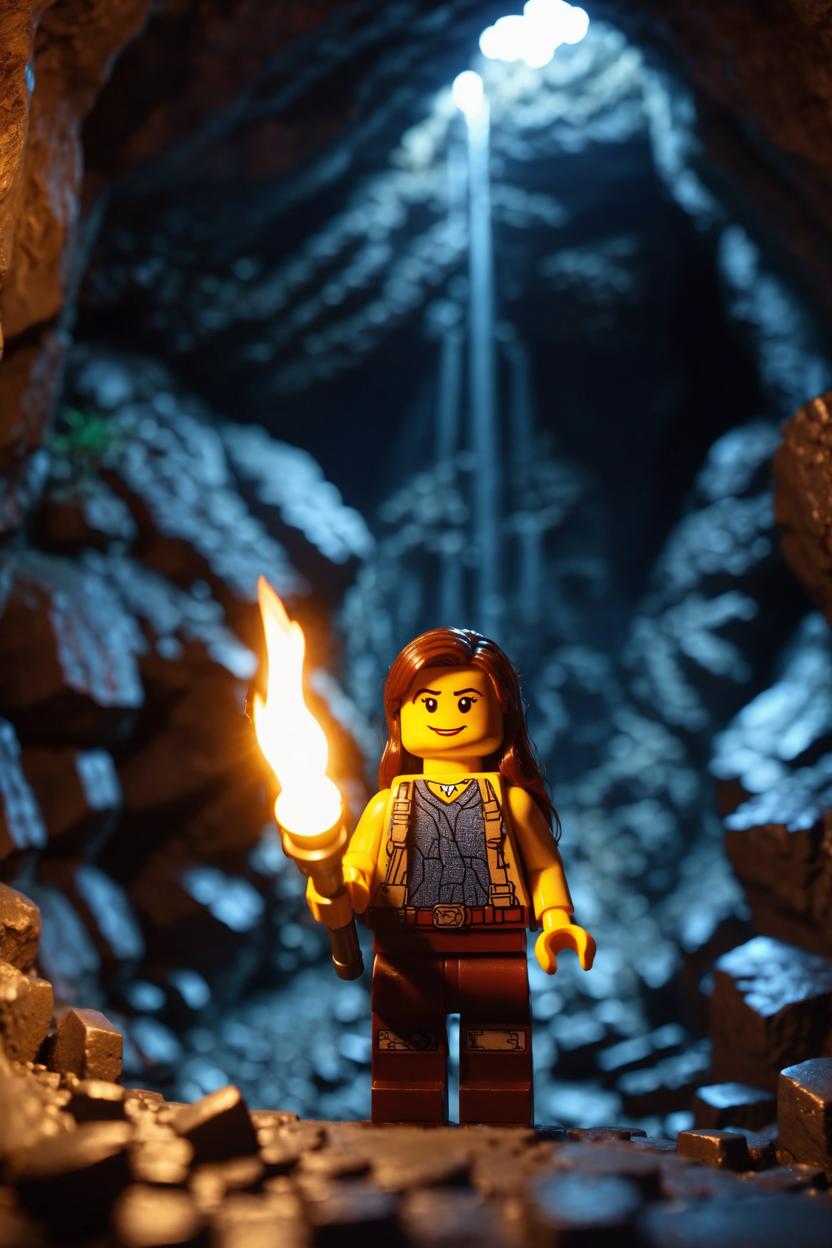 Artificial Intelligence (AI) generated image art, ..., as a Lego figurine, with a torch exploring a cave, cinematic beautiful lighting, hyper realistic, 8k, extremely detailed, sharp focus